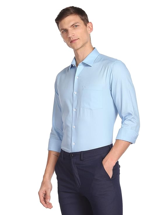 Arrow Men's Solid Full Sleeve Slim Fit Cutaway Collar Cotton Formal Shirt (BLUE)