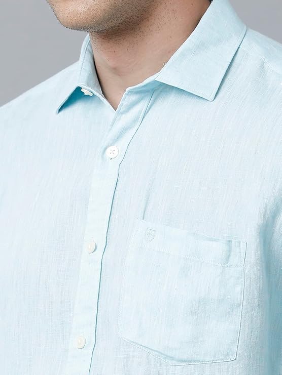 Linen Club Men's Pure Linen Turquoise Blue Chambray Slim Fit Half Sleeve Casual Shirt
