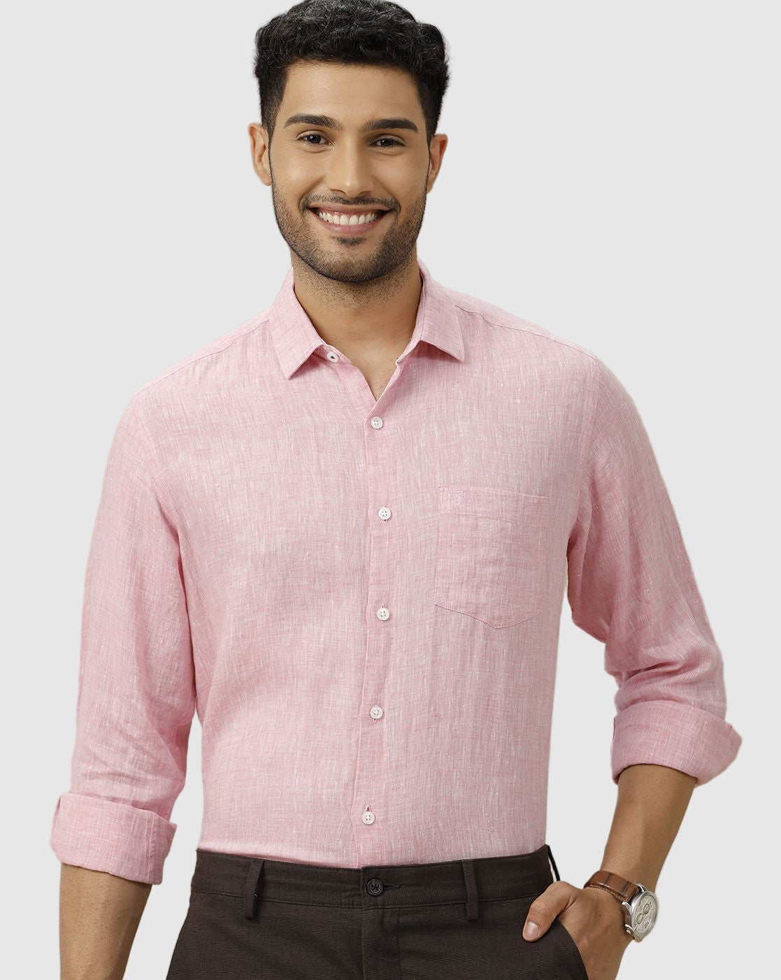 Men's Pure Linen Pink Solid Contemporary Fit Full Sleeve Casual Shirt