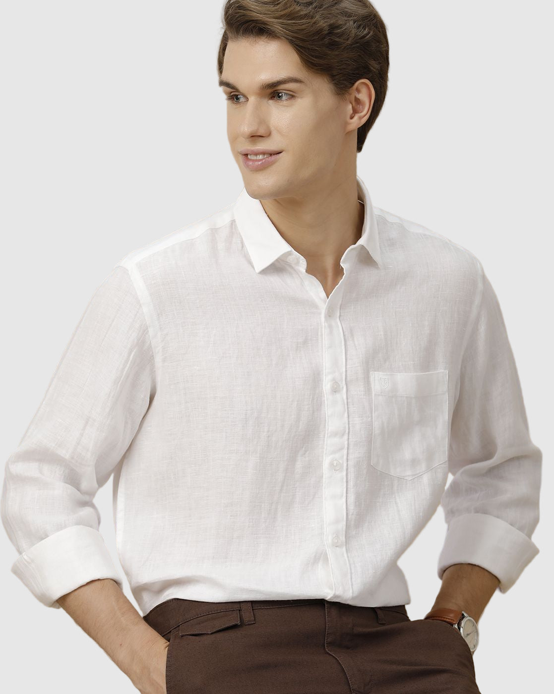 Linen Club Men's Pure Linen White Solid Contemporary Fit Full Sleeve Casual Shirt