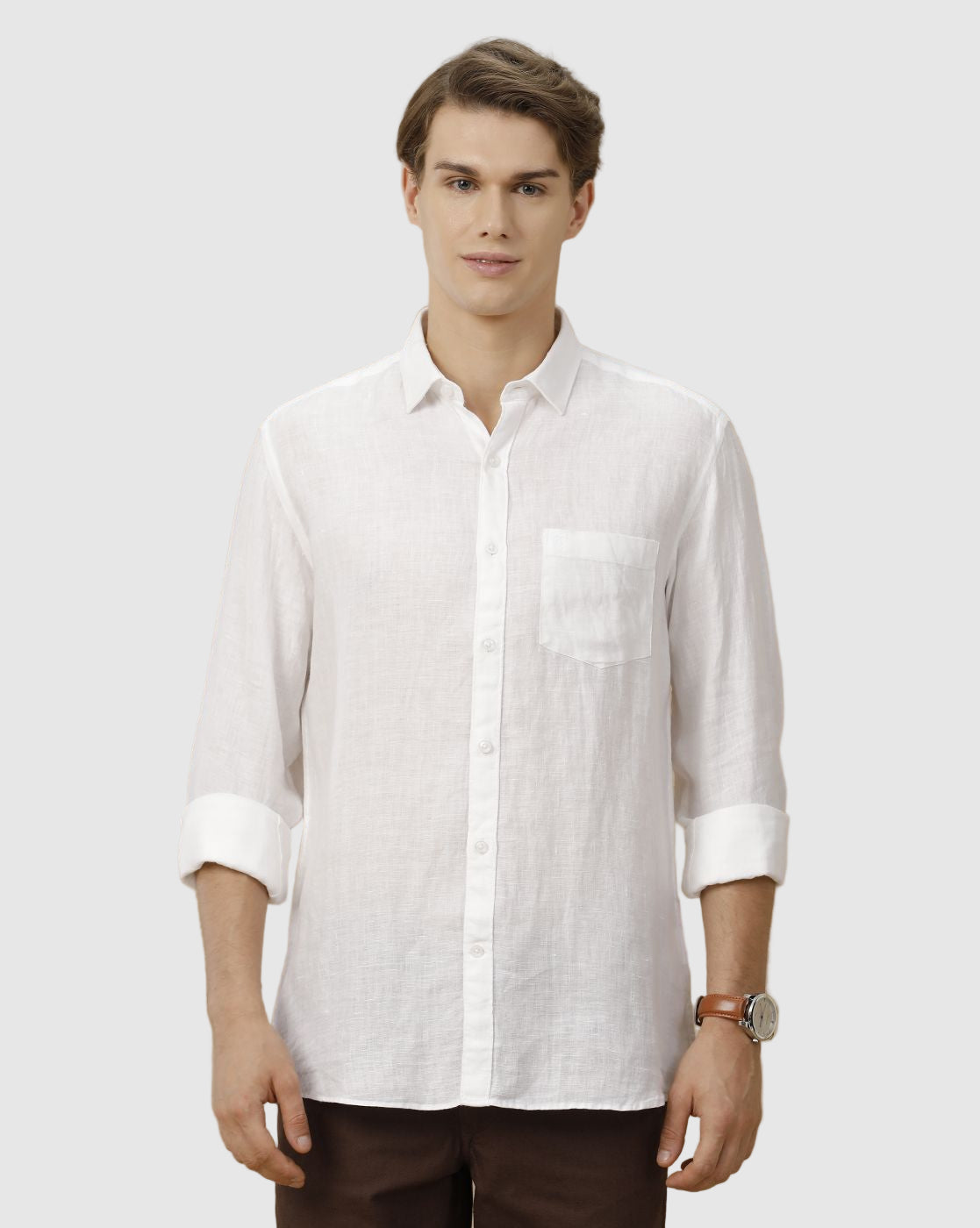 Linen Club Men's Pure Linen White Solid Contemporary Fit Full Sleeve Casual Shirt