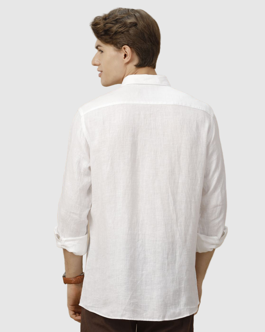 Linen Club Men's Pure Linen White Solid Contemporary Fit Full Sleeve Casual Shirt