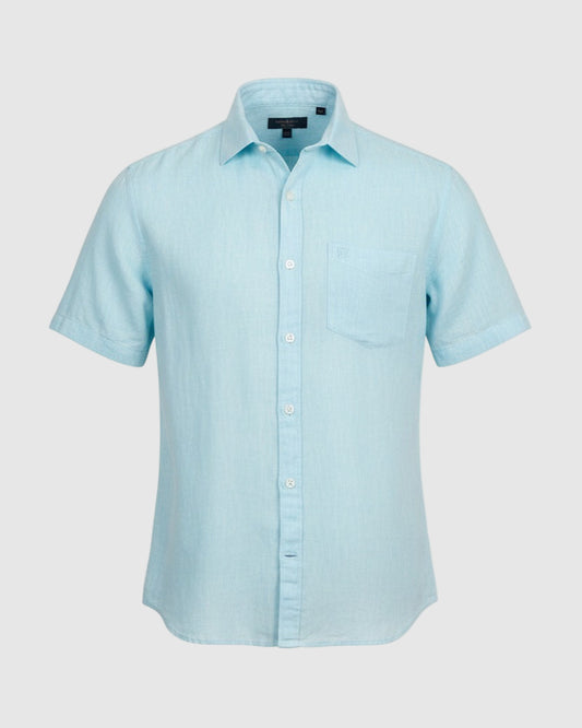 Linen Club Men's Pure Linen Turquoise Blue Chambray Slim Fit Half Sleeve Casual Shirt