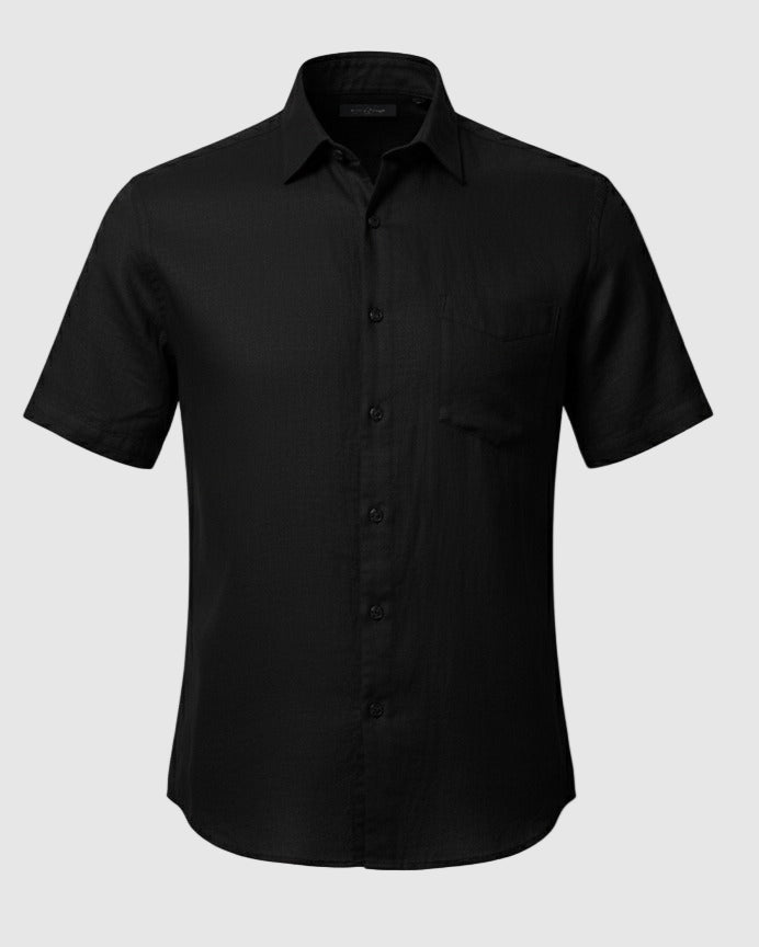 Linen Club Men's Pure Linen Black Checked Contemporary Fit Half Sleeve Casual Shirt