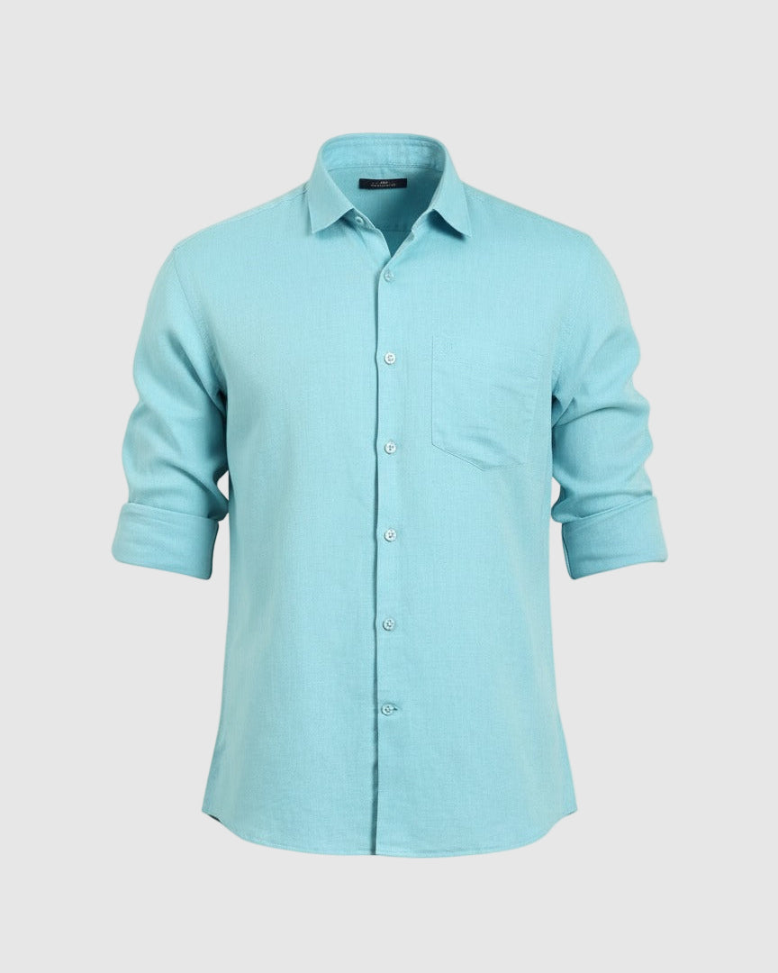 Linen Club Men's Linen Rich Turquoise Blue Solid Contemporary Fit Full Sleeve Casual Shirt