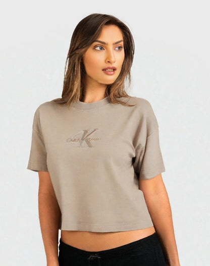 CALVIN KLEIN Women Mono Logo Print Regular Fit Crew-Neck T-Shirt