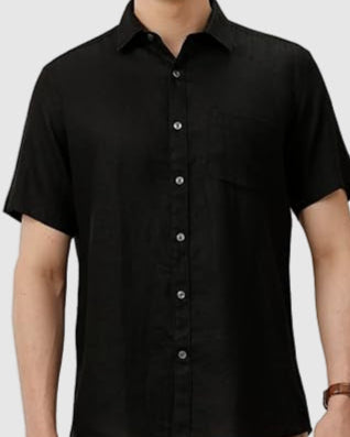 Linen Club Men's Pure Linen Black Checked Contemporary Fit Half Sleeve Casual Shirt