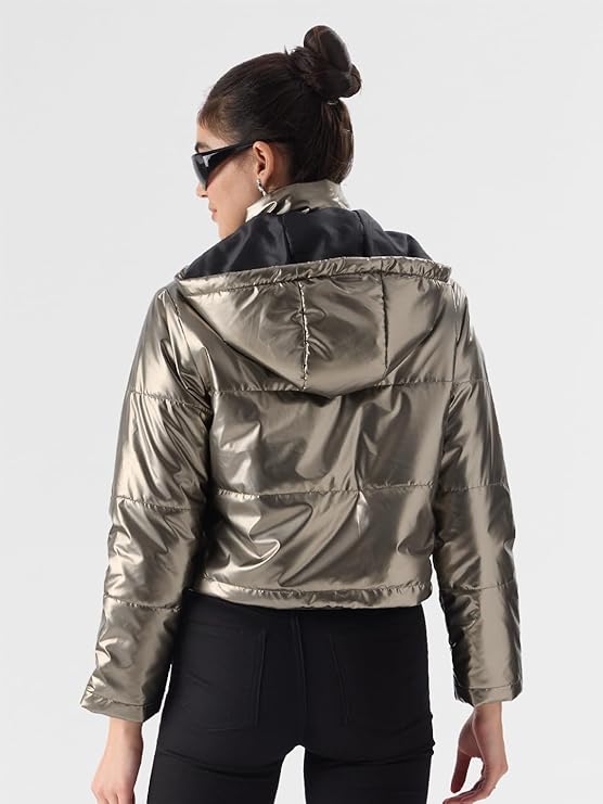 The Souled Store Solid Dark Silver Women Regular Fit Full Sleeve Polyester Puffer Jacket