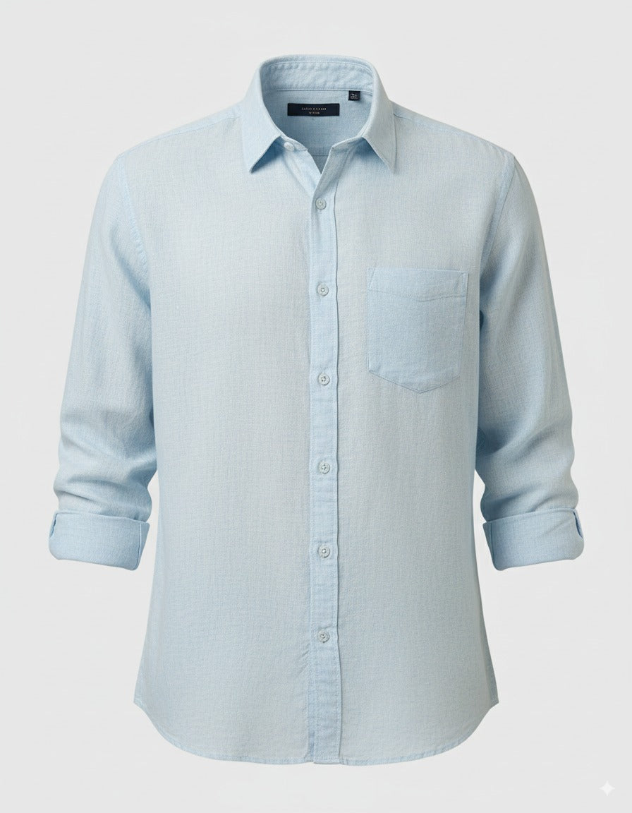 LINEN CLUB Men's Blended Linen Blue Solid Contemporary Fit Full Sleeve Casual Shirt