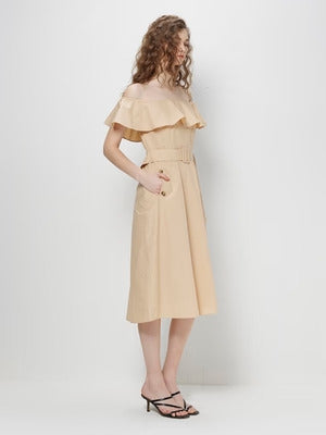 COVER STORY Beige Off Shoulder Tuxedo Dress