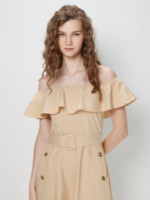 COVER STORY Beige Off Shoulder Tuxedo Dress