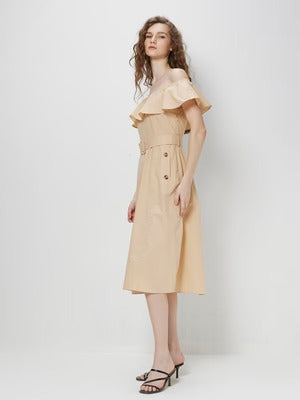 COVER STORY Beige Off Shoulder Tuxedo Dress