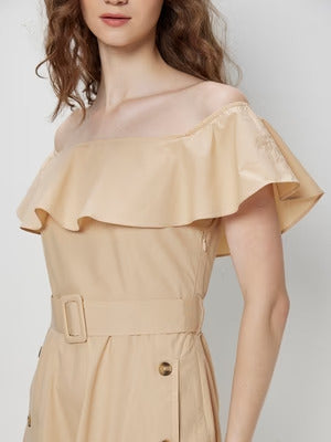 COVER STORY Beige Off Shoulder Tuxedo Dress