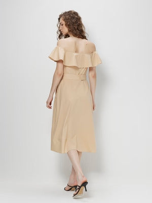 COVER STORY Beige Off Shoulder Tuxedo Dress
