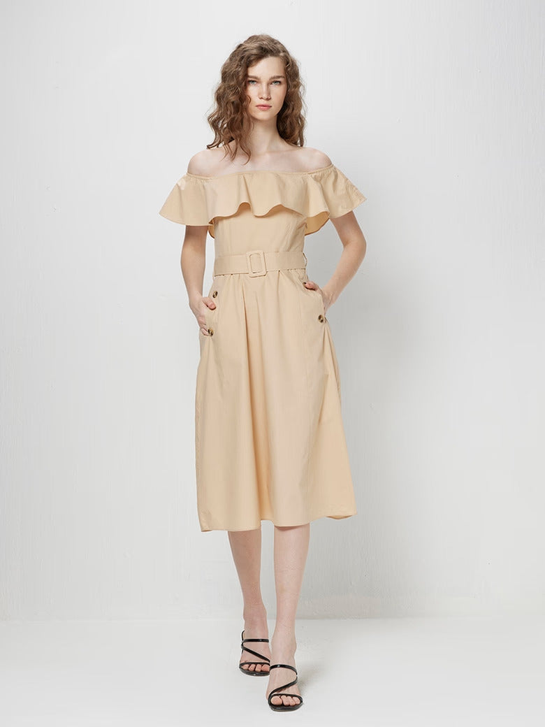 COVER STORY Beige Off Shoulder Tuxedo Dress