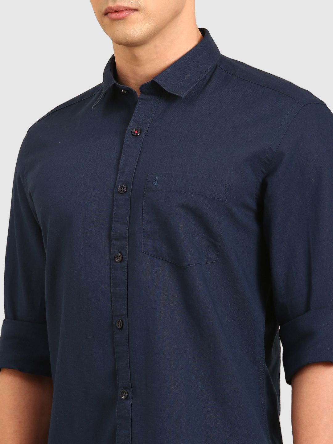CAVALLO by Linen Club Men's Blended Linen Navy Solid Contemporary Fit Full Sleeve Casual Shirt
