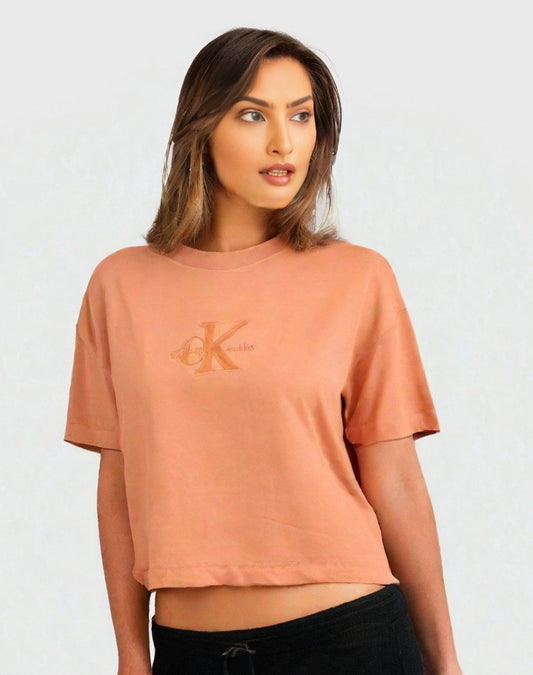 CALVIN KLEIN Women Mono Logo Print Regular Fit Crew-Neck T-Shirt