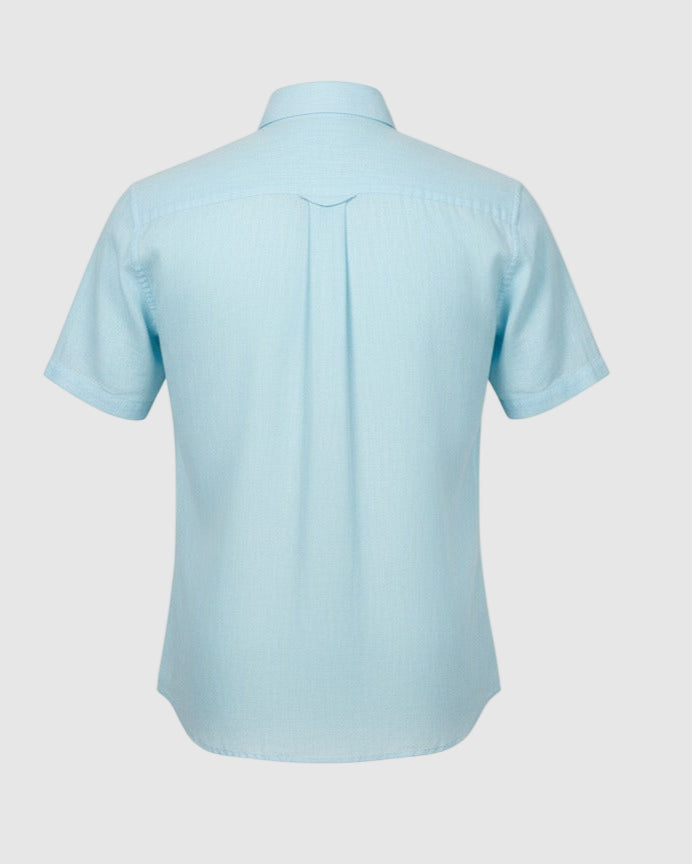 Linen Club Men's Pure Linen Turquoise Blue Chambray Slim Fit Half Sleeve Casual Shirt