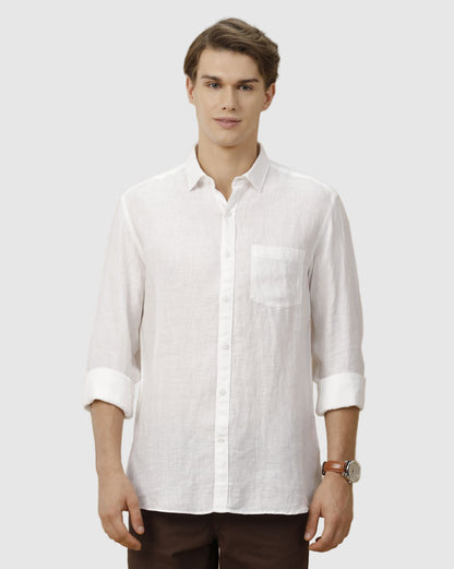 Linen Club Men's Pure Linen White Solid Contemporary Fit Full Sleeve Casual Shirt