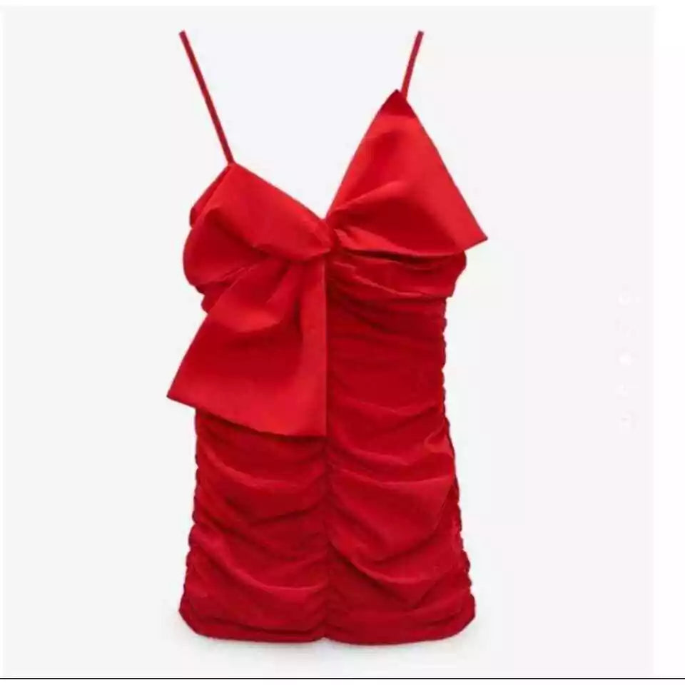 NWT Zara Red Ruched Bow Mini Dress Blogger Fave Small (size:m)