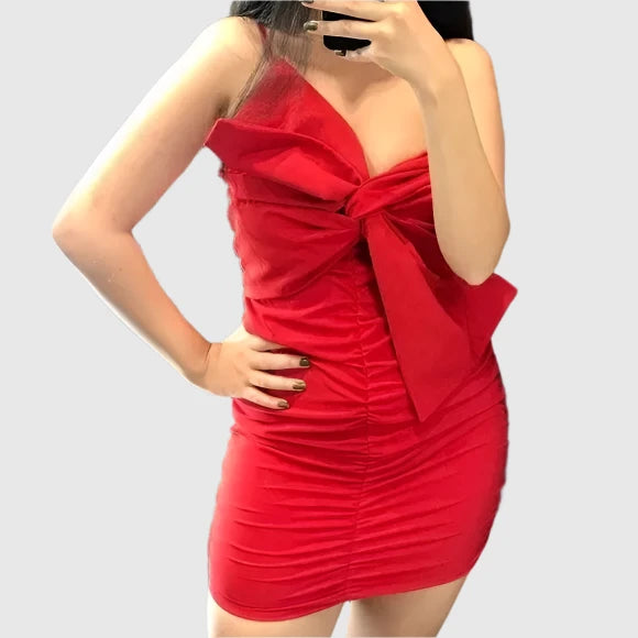 NWT Zara Red Ruched Bow Mini Dress Blogger Fave Small (size:m)