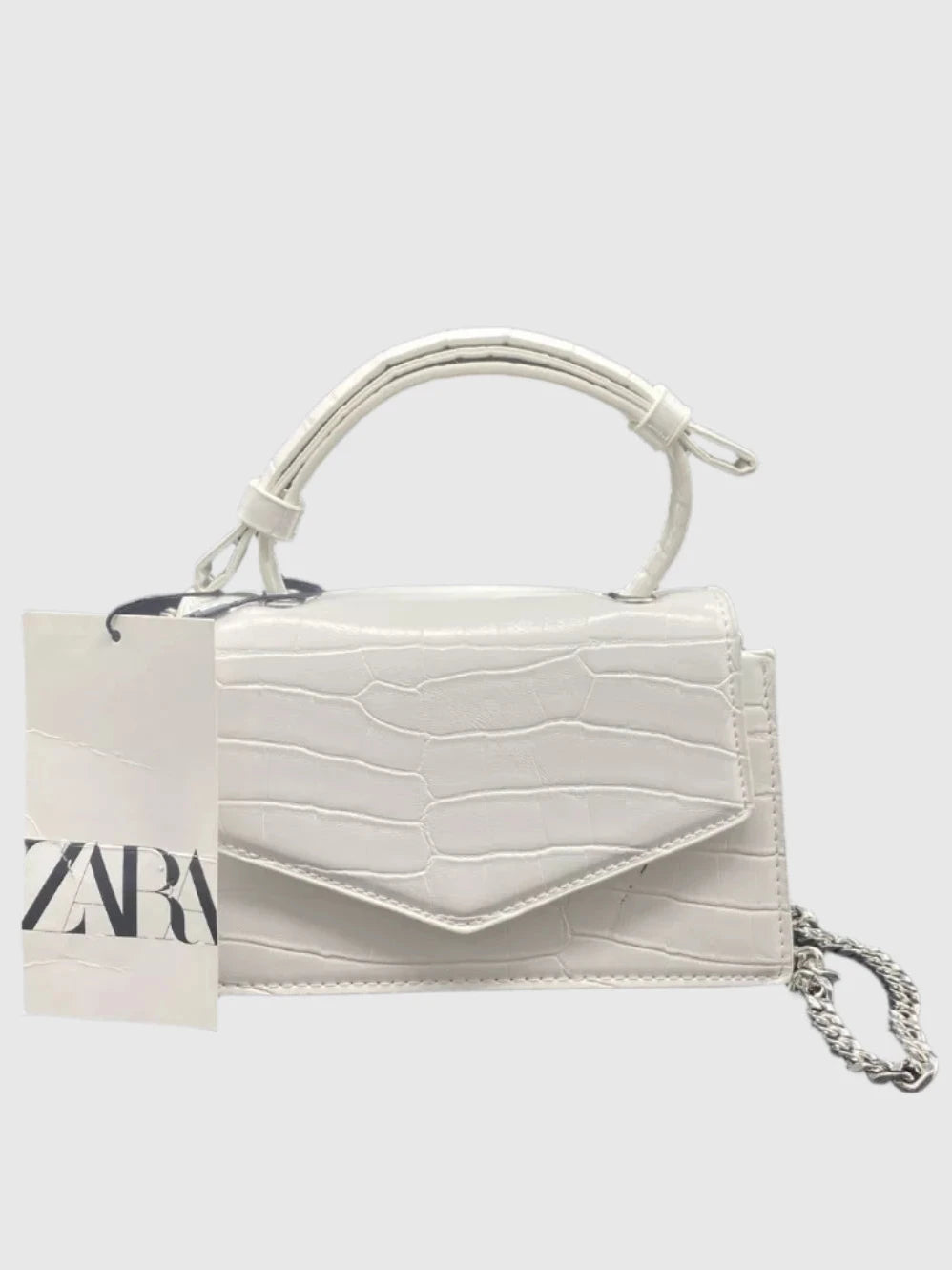 ZARA White Animal Croc Embossed Print Shoulder Hand Bag Gold Tone Chain Strap
