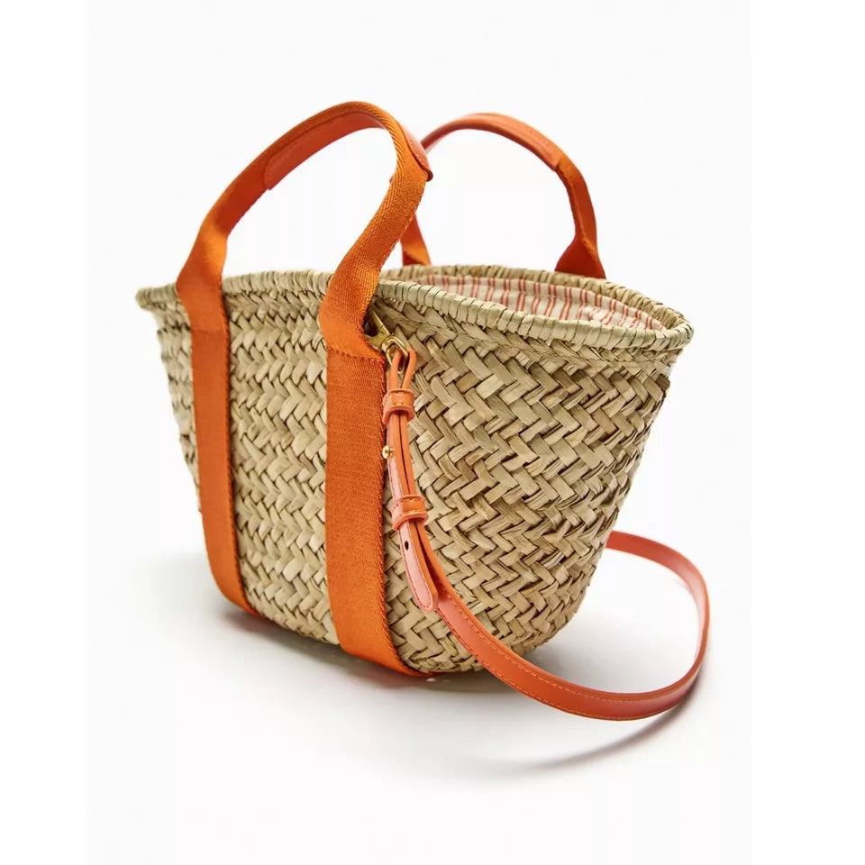 ZARA MINI RAFFIA BASKET BAG Orange Straw Shoulder Tote